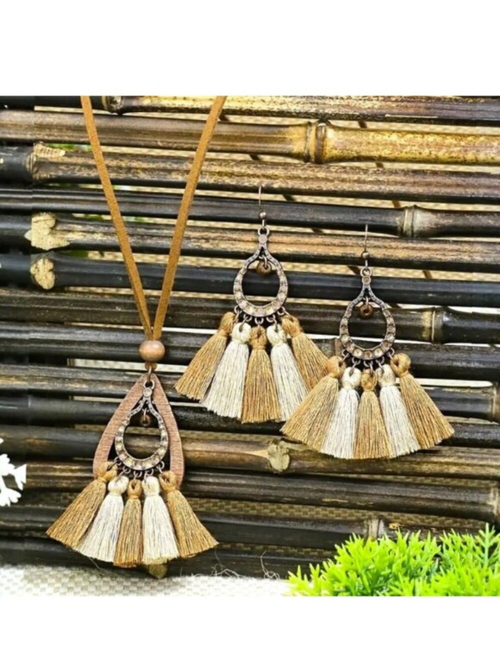 Tassel Necklace & Earrings 3pc Boho Fan Dangle Ethnic Neutral Trendy Stylish Fun